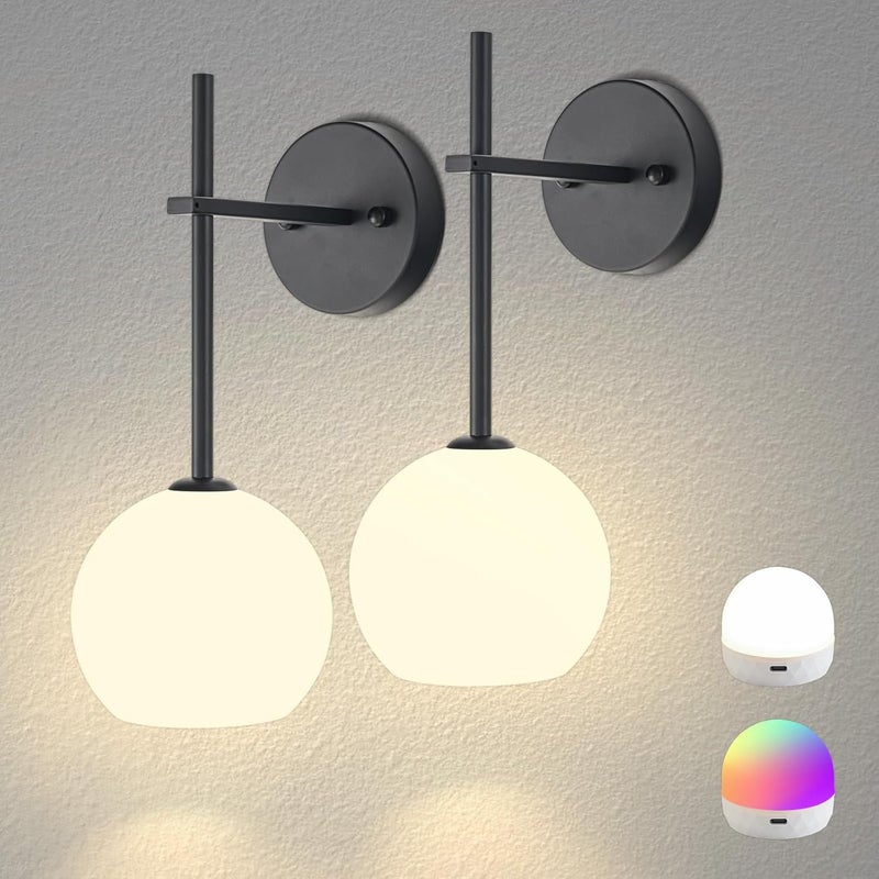 Keep Shinning Black Battery Operated Wall Sconces Set of 2, Rechargeable Wireless Wall Lights with Milky White Frosted Glass Shade, 12 RGB and 3CCT Dimmable, Wall Lamps with Remote for Bedroom Living Room Hallway - Image 1